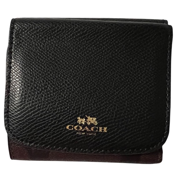 Coach Signature Canvas & Leather Small Trifold Wallet Black/Brown - Picture 1 of 7